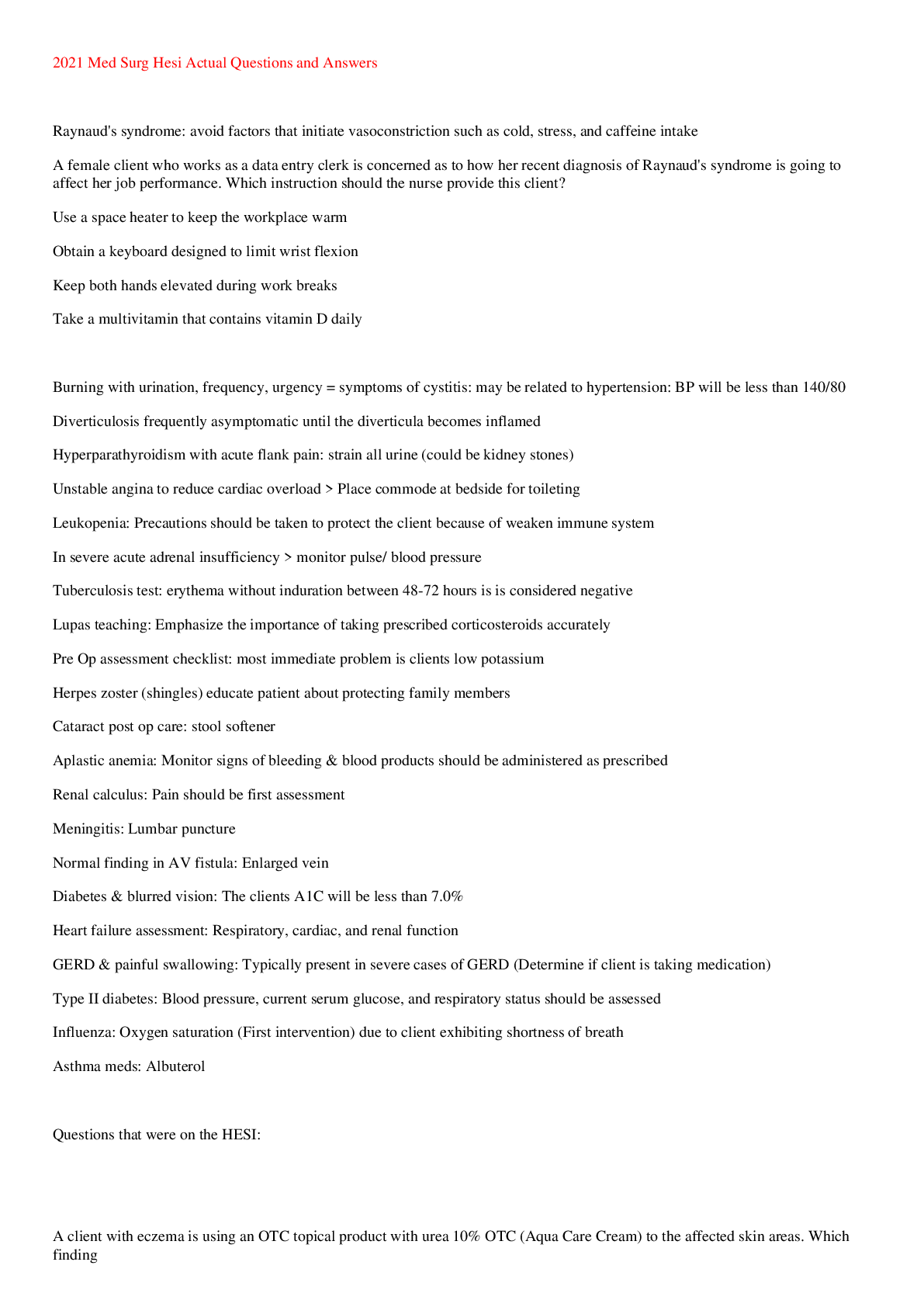 Preview image for 2021 Med Surg Hesi Actual Questions and Answers